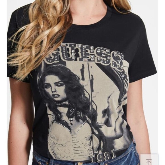 Guess Women's Short Sleeve Eco 1981 Western Girl Tee Rhinestone Black Small NWT - Picture 4 of 12
